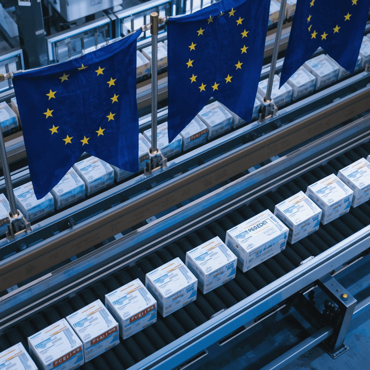 Entrepôt logistique pharmaceutique avec drapeaux européens