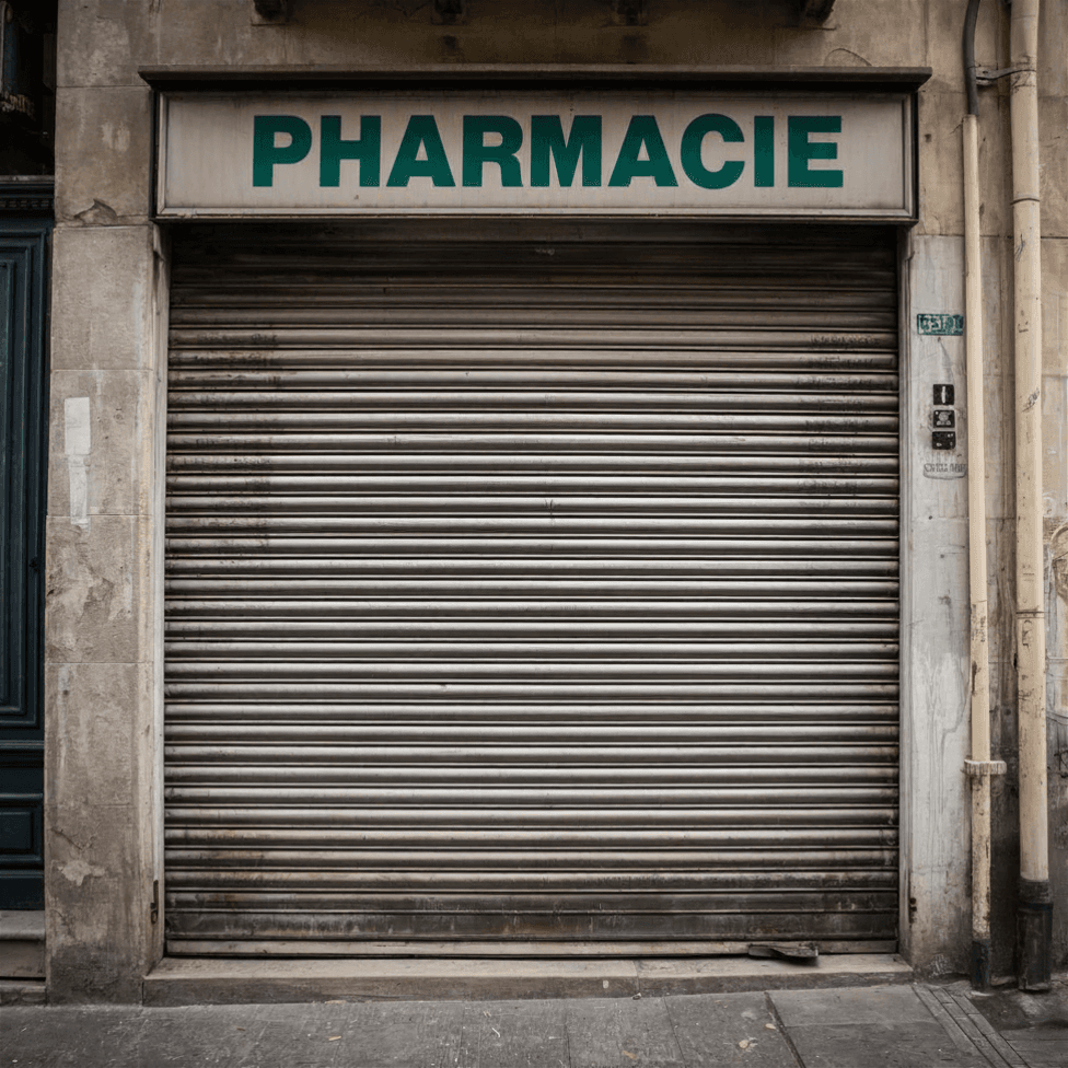 Devanture d'officine avec panneau fermé pour grève