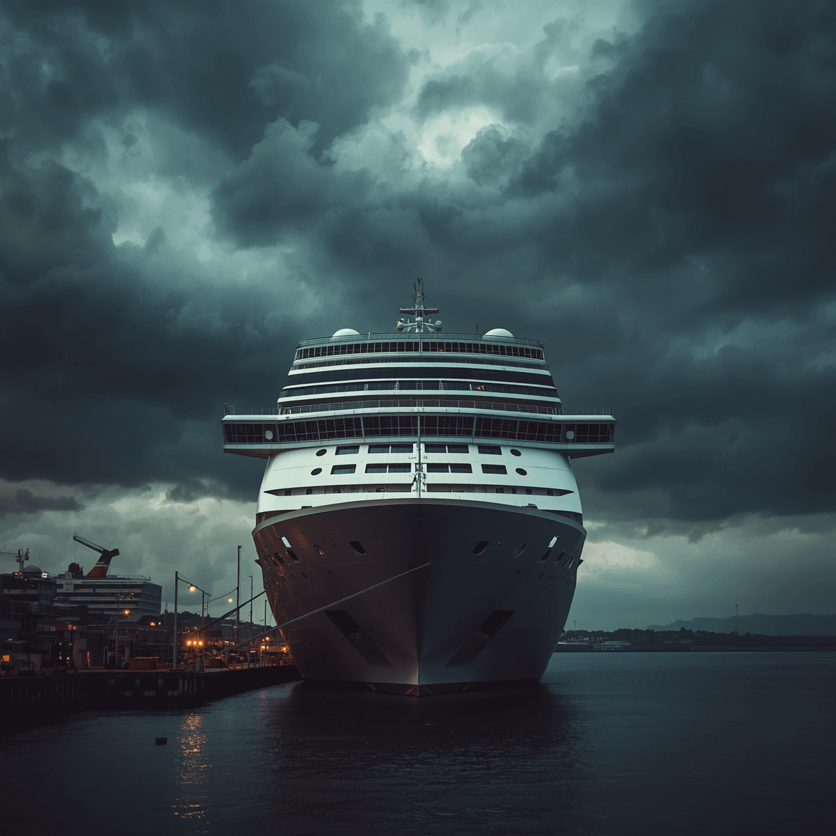 Paquebot de croisière au port sous un ciel orageux