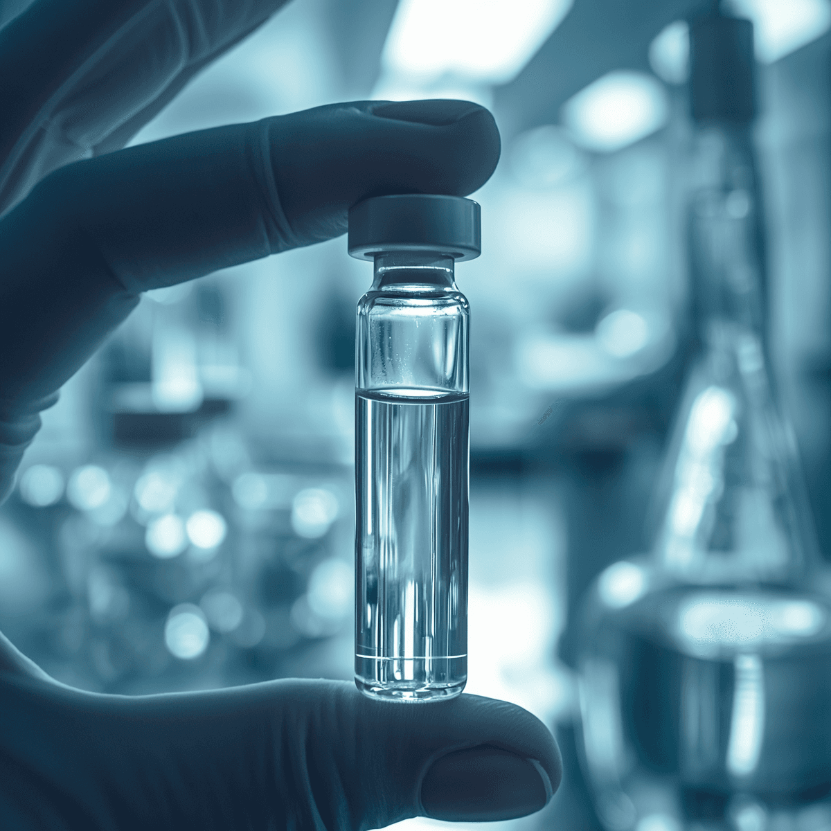 Flacon de médicament biologique tenu dans un laboratoire